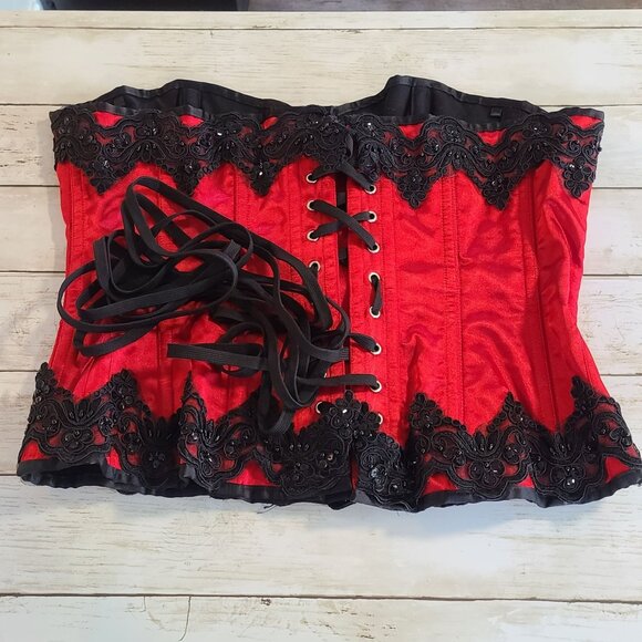 Fox & Royal Rococo Embroidered Beaded Strapless Corset Red Coquette Burlesque 38 - Picture 9 of 10